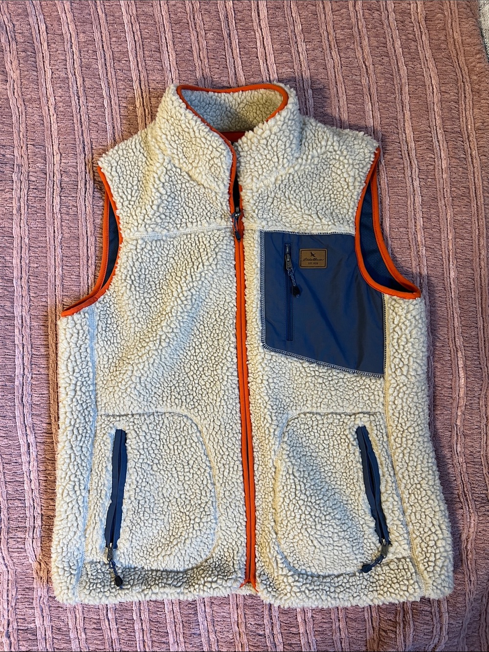 Eddie Bauer Sherpa Vest with Navy Pocket and Orange Trim
